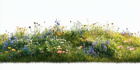 Colorful wildflower meadow under clear sky in spring, showcasing a variety of blooming plants