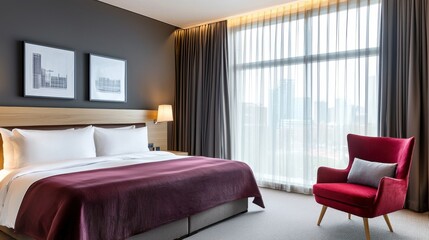 Cozy brutalist bedroom, graphite walls, muted burgundy satin bedding, red armchair, soft lighting, sheer curtains, skyline view