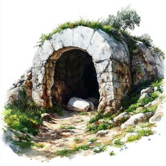 Obraz premium Ancient Stone Archway Leading to a Dark Cave with Moss and Vegetation Landscape Illustration