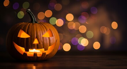 Fototapeta premium Spooky Halloween Jack-o'-lantern with Glowing Candlelight and Festive Bokeh Lights