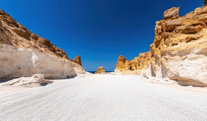 Stunning algarve cliffs and pristine sandy beach under clear blue sky.