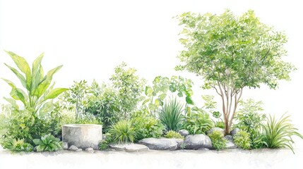 Exquisite watercolor garden painting, a symphony of lush blooms and vibrant greenery in full bloom