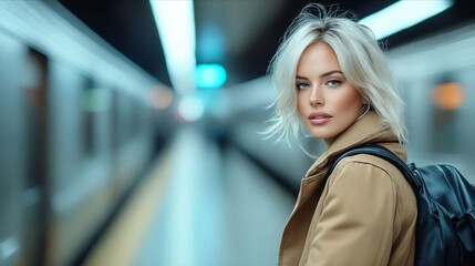 Obraz premium A woman with blonde hair and a backpack standing in a subway station