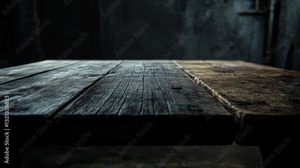 Aufkleber A rustic wooden table displays a beautiful array of textures, capturing the essence of time. The dim lighting enhances its worn surface, telling stories of past gatherings and memories