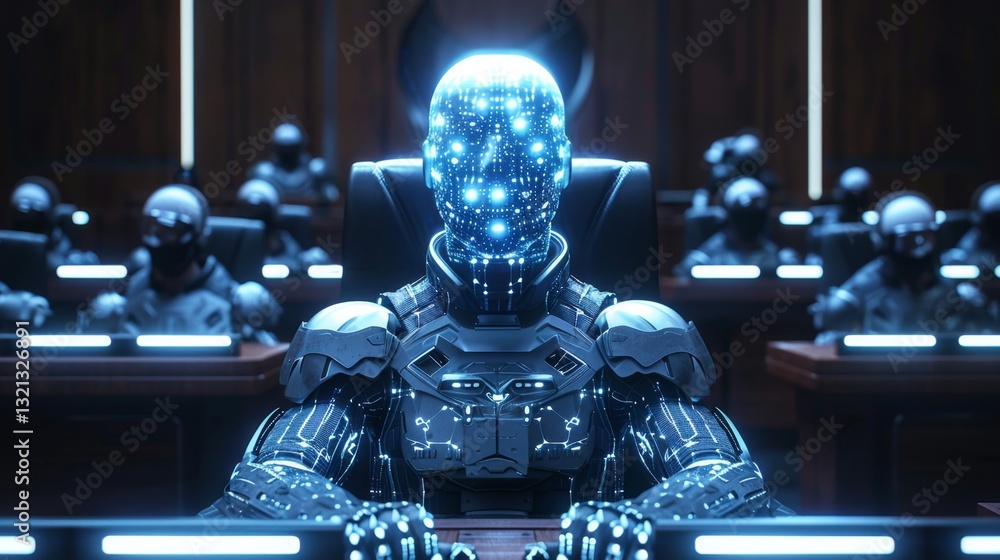 Poster virtual trial using advanced ai hologram technology in a modern judiciary setting