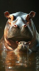 Fototapeta premium Hippopotamus and calf in serene waters at dusk creating a peaceful moment in nature