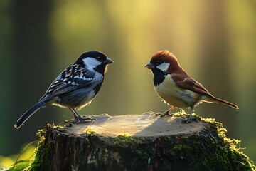 Obraz premium Two birds facing each other on a mossy stump at sunset.