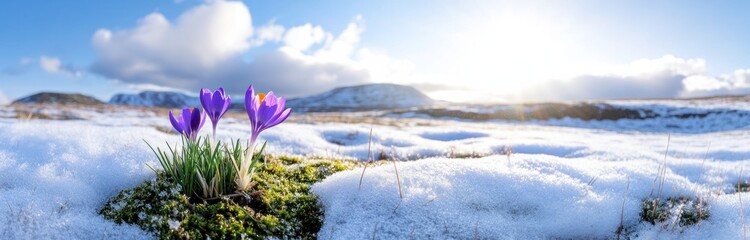 Purple crocuses bloom amidst snow in a sunny mountain landscape.