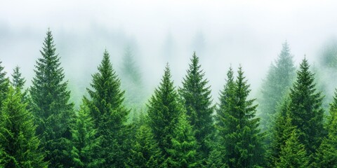 Misty green forest with evergreen trees and dense fog.