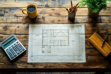 Blueprint and Coffee on Wooden Desk Still Life Composition for Architecture Project Design