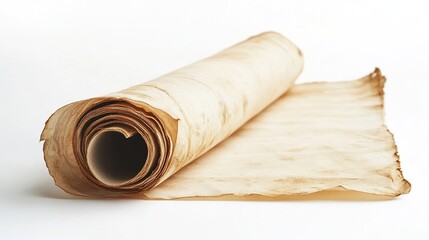 Rolled aged parchment paper on white background.