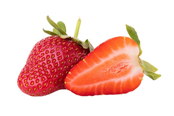 Ripe strawberries isolated on white background, one berry whole and the other cut in half