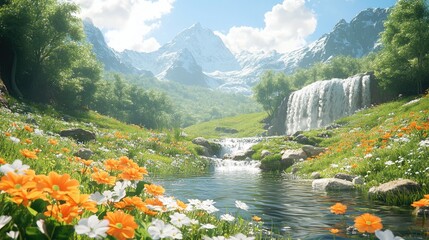 Mountain Valley Waterfall Flowers Sunny Day Nature Scene Stock Photo
