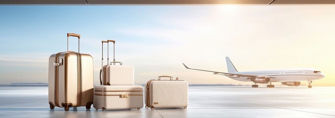 Luggage Set at Airport Terminal with Airplane in Background Preparation for Travel Adventure