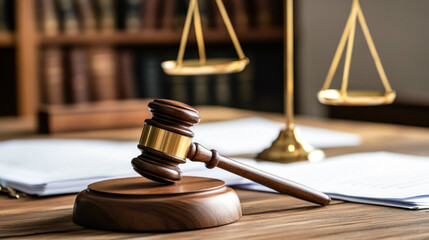 Gavel on wooden block, legal documents and scales of justice on lawyer's desk in office