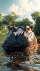 Fototapeta premium Hippo emerging from the water in a serene river environment during bright daylight