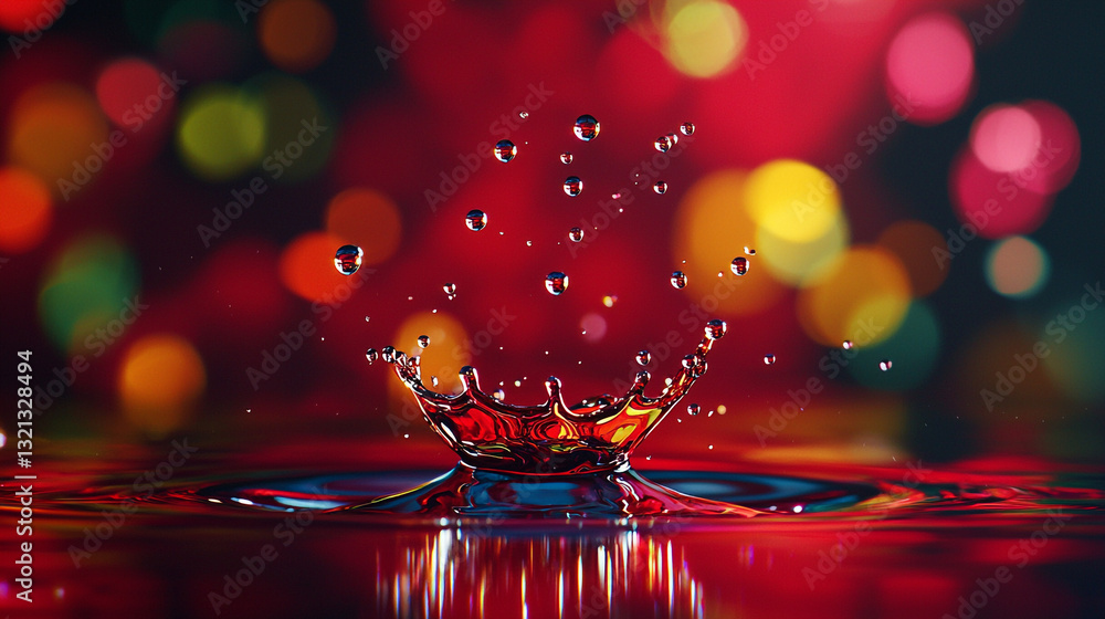 Poster vibrant red water drop splash with colorful bokeh background art life macro image vivid fluid still