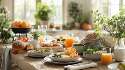 A lively brunch setting with multiple plates of healthy food, surrounded by fresh juices, artisanal bread, and natural decor, capturing a fresh morning vibe