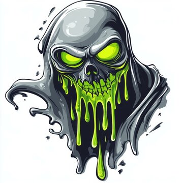 Eerie Phantom Skull with Green Ooze Drips Digital Illustration for Creepy Halloween Season