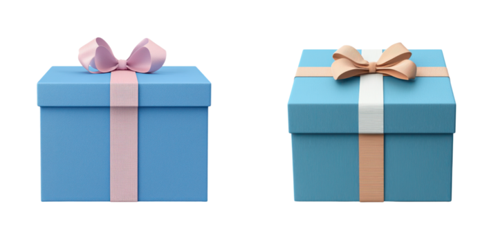 Two elegantly wrapped gift boxes with blue and pink ribbon bows ready to be gifted for a special occasion like a birthday anniversary or holiday The colorful