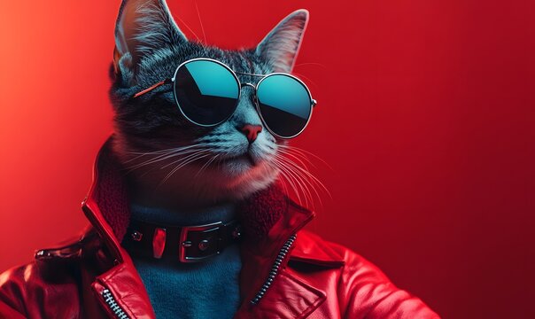 a cat wearing sunglasses and a leather jacket with red background.