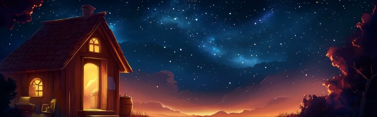 Fototapeta premium Enchanting Cottage under Starry Skies Warm Glow Evening Serenity Amidst Celestial Landscape 90 Chars
