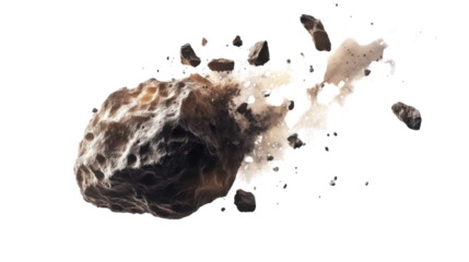 A massive asteroid with rocky fragments breaking off, cut out and isolated on a transparent background, showcasing its dynamic motion and dust trail