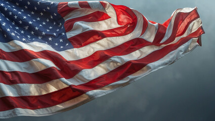 Ultra-realistic close-up of the American flag waving, showcasing its fabric texture, vivid colors, and dynamic motion with cinematic lighting and depth