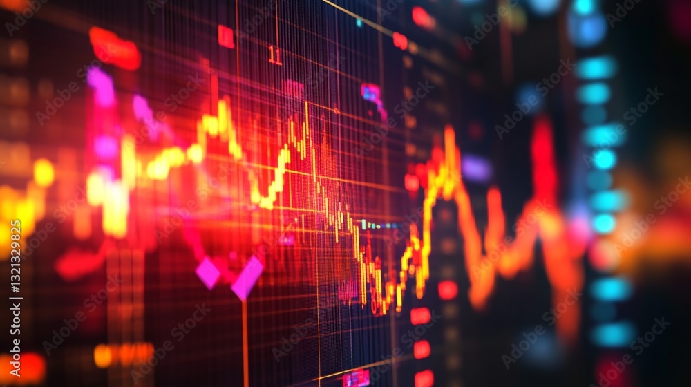 Poster a financial display showing a sharp decline in a stock chart, with recession-related symbols like br