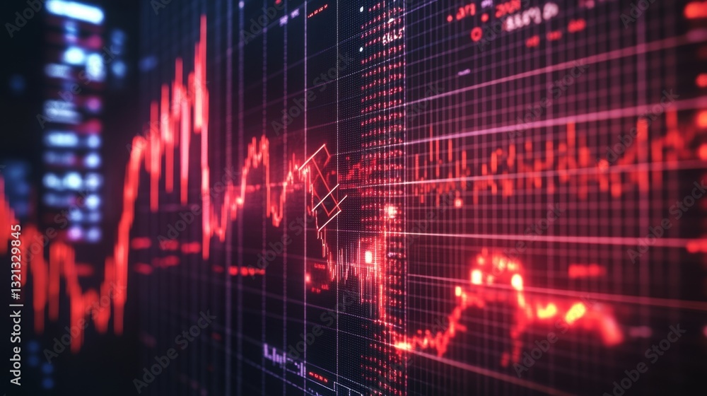 Poster a financial display showing a sharp decline in a stock chart, with recession-related symbols like br