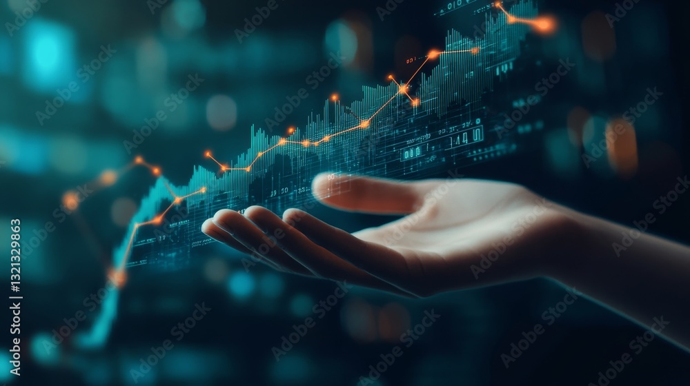 Poster a hand reaching out, with a floating d graph hovering above, showcasing dynamic financial data and t