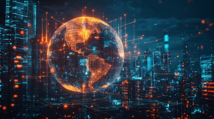 Obraz premium A holographic Earth sphere with glowing candlesticks and upward-growing lines, set against a panoramic city skyline with dynamic lights and futuristic ambiance.