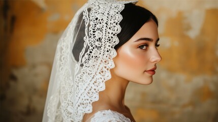 Elegant Bride Adorned in Delicate Lace Mantilla Posing Against Distressed Wall Backdrop Portrait