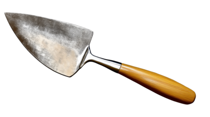 "A masonry trowel with a sturdy handle, isolated on transparent background, used for laying bricks and mortar