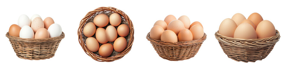 Assortment of fresh organic free range chicken eggs in various brown and white colors displayed in wicker baskets on a rustic wooden table  The eggs represent a healthy