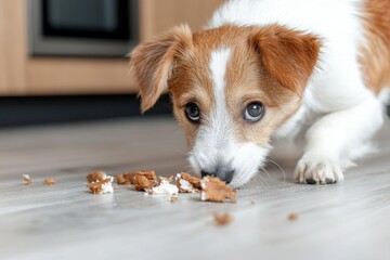 A curious puppy sniffs at scattered crumbs on a wooden floor