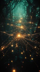 Interconnected glowing lights in dark forest symbolizing hidden mysteries