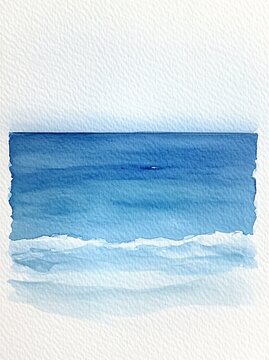 Abstract watercolor painting of blue sea horizon on textured paper, minimalist ocean landscape, artistic gradient, soft ink wash effect