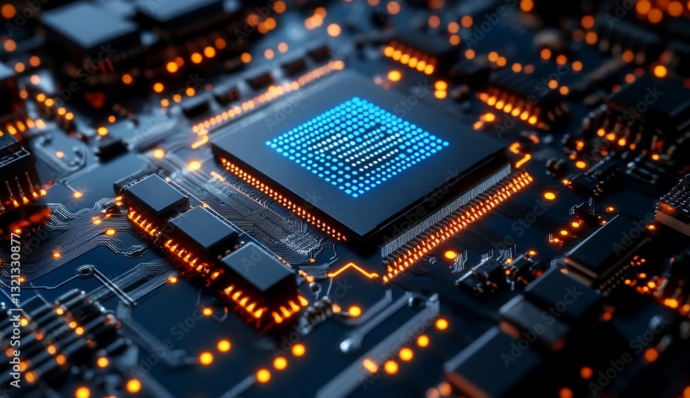 Poster circuit board with blue chip processing data for artificial intelligence design