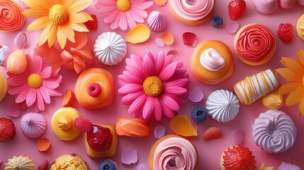 D pattern of a vibrant floral arrangement with petals, paired with an array of beautifully designed pastries and desserts, creating an eye-catching composition.
