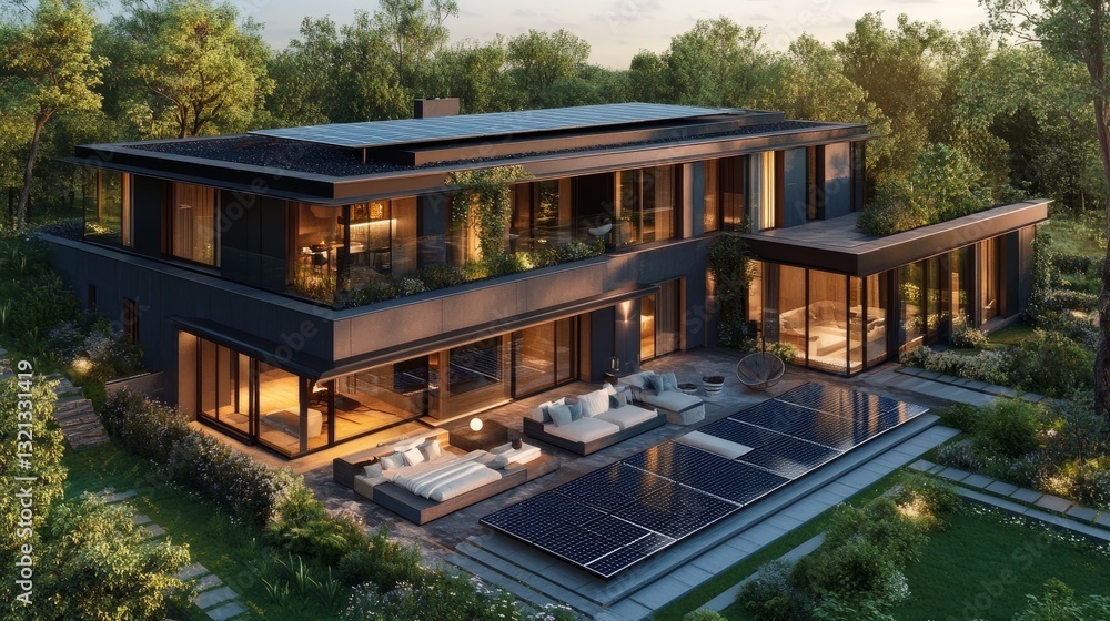 Poster a luxurious solar-powered smart home with an ai-driven climate control system and automated security