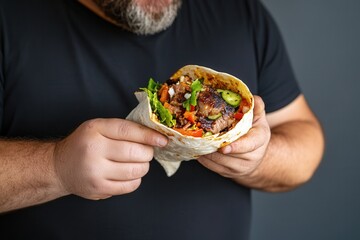 Bearded man holding a freshly made wrap with grilled meat and vegetables.