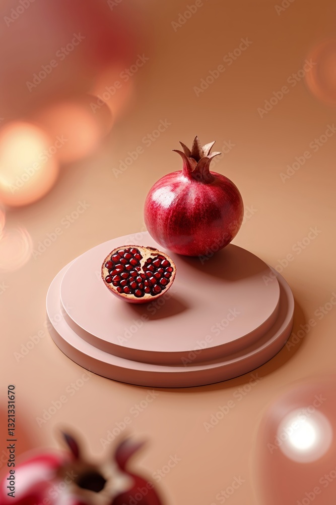 Poster fresh pomegranates arranged on a minimalistic platform showcasing their vibrant colors and textures 