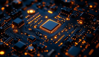 Glowing CPU chip on motherboard conveying technology. Digital background