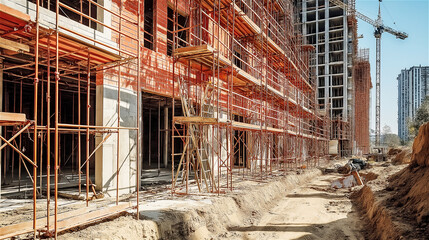 Construction site with red scaffolding and concrete structure of developing building. Urban development project showing raw materials, framework, and equipment against backdrop of city skyline.