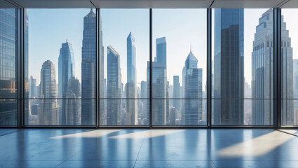 Modern, empty office interior with floor-to-ceiling glass windows showcasing a crystal-clear city skyline of towering skyscrapers. Bright, minimalistic, sunlit