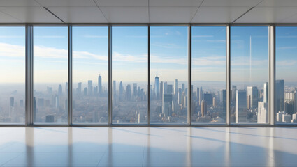 Modern, empty office interior with floor-to-ceiling glass windows showcasing a crystal-clear city skyline of towering skyscrapers. Bright, minimalistic, sunlit