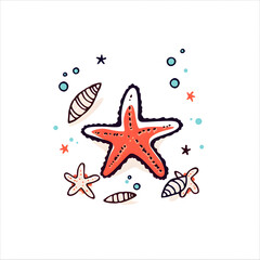 Cute  smilling orange starfish illustration with 
Shells, playful design on white background