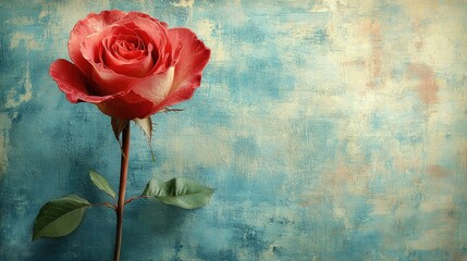 Single red rose against textured background; Valentine's Day card