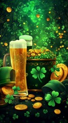 Gleaming Golden St Patrick's Day Beer and Lucky Coins among Clovers on a Lush Green Background